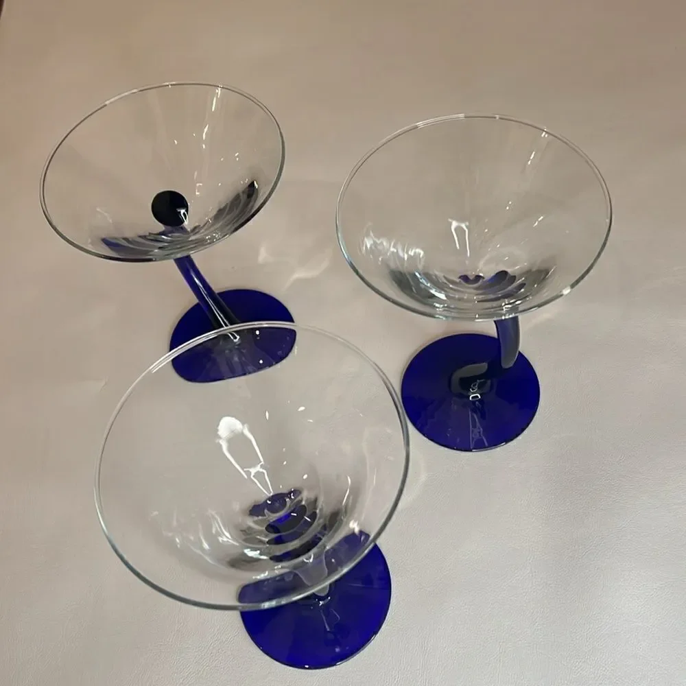 Libby Martini Glasses Cobalt Blue Curved Stem Art Glass Swerve Bravura Set 3